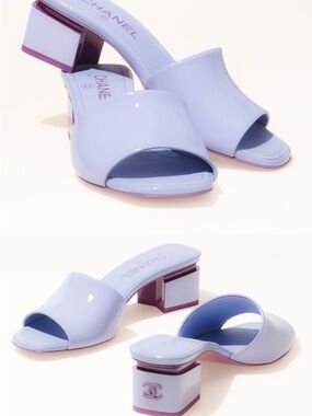 CHANEL Lavender Patent Leather Open-Toe Block Heel Mules